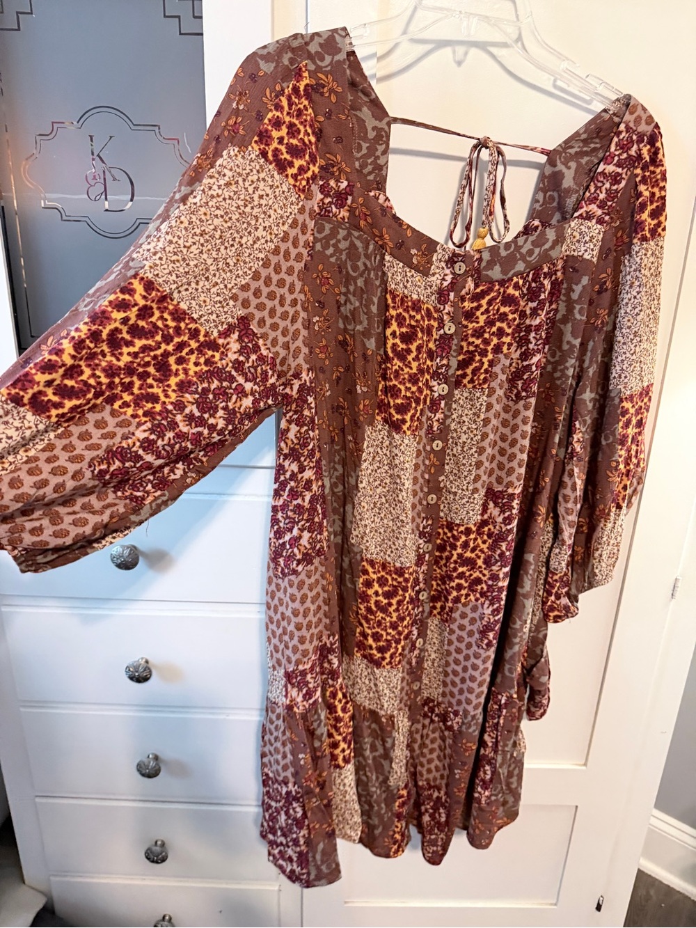 easel Brown and Burgundy Patchwork Mini Dress - Picture 3 of 15
